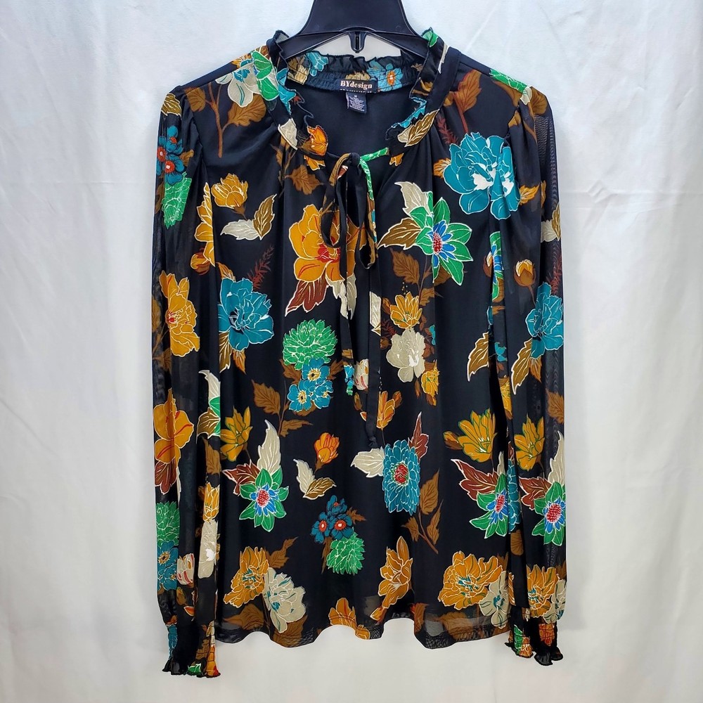 By Design Floral Ruffle Tie Neck Blouse M